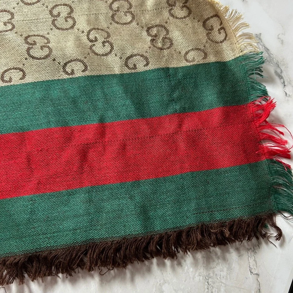Gucci GG Monogram Web Stripe Scarf Beige Brown Green Red Fringed Made in Italy
